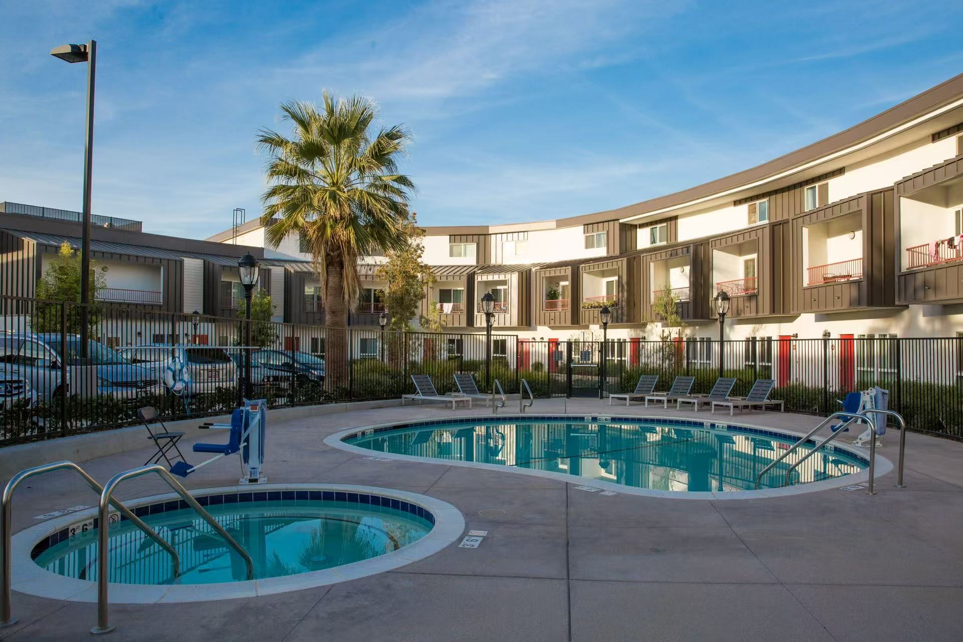 Dos Lagos pool courtyard and completed live/work buildings
