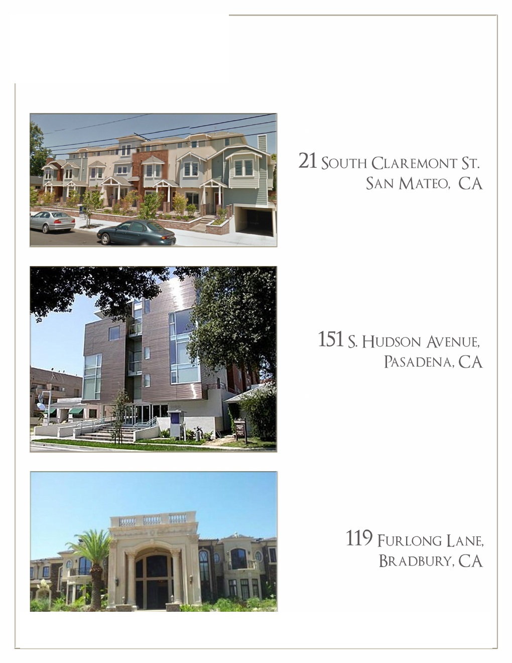 Historical California property references in San Mateo, Pasadena, and Bradbury