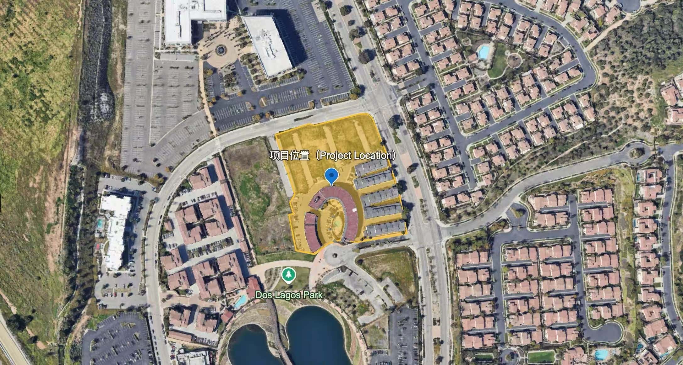 Dos Lagos 项目位置卫星图，标示 2798 Troy Court, Corona, California